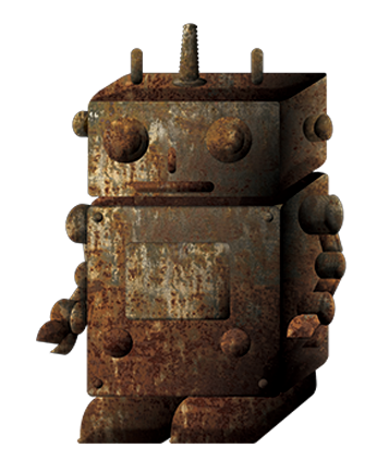 ボロボロに錆びたロボットの画像